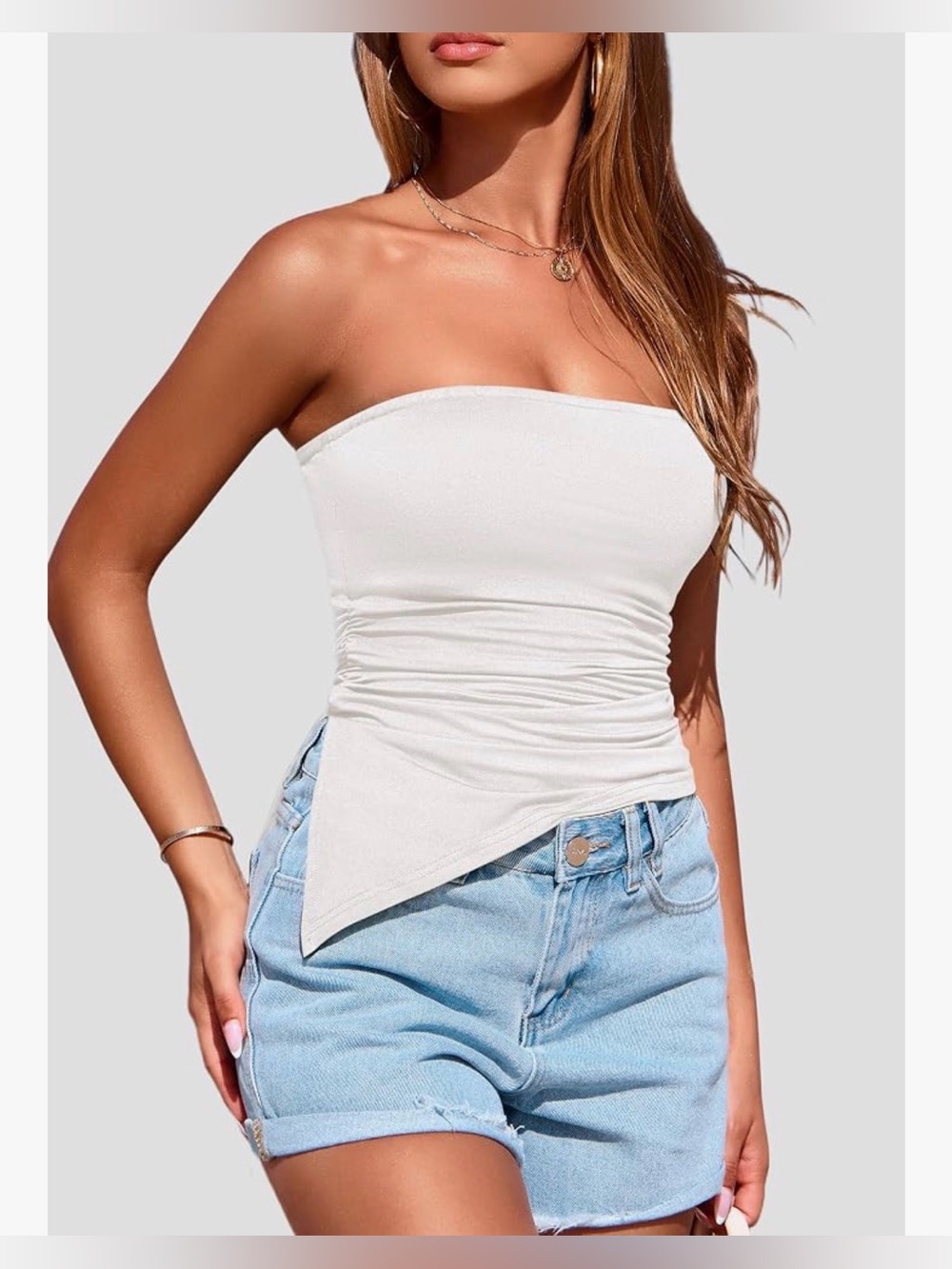 PRETTYGARDEN Women's Ruched Asymmetrical Strapless Tube Top Size Small
